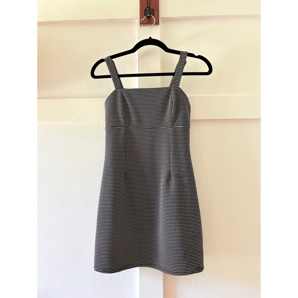 Black White Micro Check Square Neck Mini Dress Sleeveless Adjustable Straps